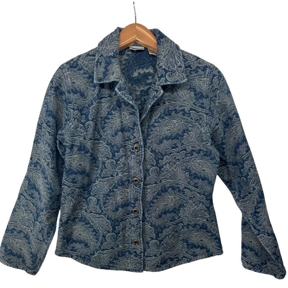 Chicos Womens Jacket S Blue Cotton Brocade Tapestry Paisley Floral Boho Classic - Picture 1 of 10